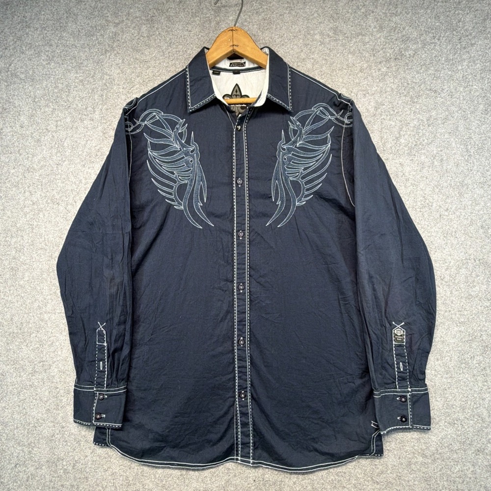 ROAR Long Sleeve Blue White Stitched Embroidered Stretch Fit Shirt Men's Large